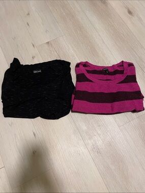Wet Seal Black with Gray Short-Sleeve Top and Express Pink Striped Sweater Set